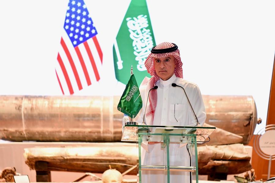 A handout picture provided by the Saudi Press Agency (SPA) on June 29, 2020 shows Saudi minister of state for foreign affairs Adel al-Jubeir speaking during a joint press conference with US Special Representative for Iran in Riyadh. (File/AFP)