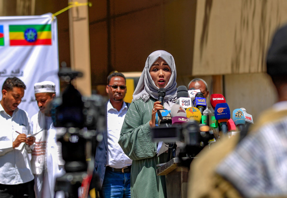 Representatives of African communities in Yemen gather to speak during a rally in Sanaa on March 13, 2021 following the previous weekend's fire in a holding facility. (AFP file photo)
