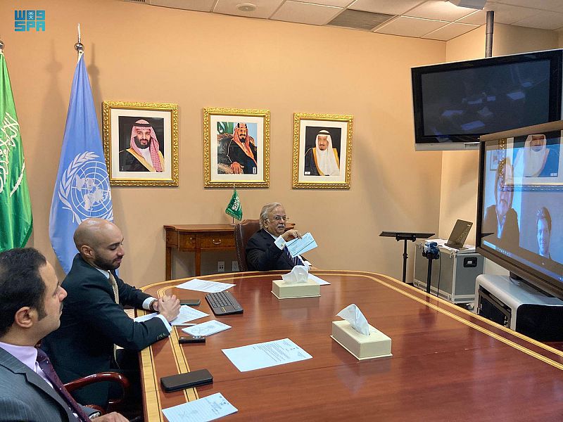 Saudi ambassador to the UN, Abdallah Al-Mouallimi, attends a virtual meeting with head of the International, Impartial and Independent Mechanism on Syria Catherine Marchi-Uhel. (SPA) Saudi ambassador to the UN, Abdallah Al-Mouallimi, attends a virtual meeting with head of the International, Impartial and Independent Mechanism on Syria Catherine Marchi-Uhel. (SPA)