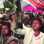 Supporters of Yemen’s Houthi rebels are shown in 2015 protesting against Saudi airstrikes on the capital Sanaa. (Wikimedia Commons)